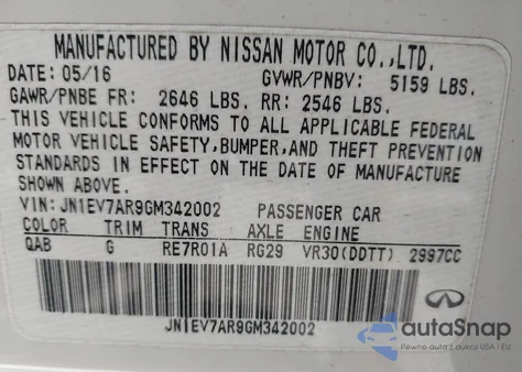 2016 Infiniti Q50 3.0T Premium из США, поврежденный, VIN JN1EV7AR9GM342002